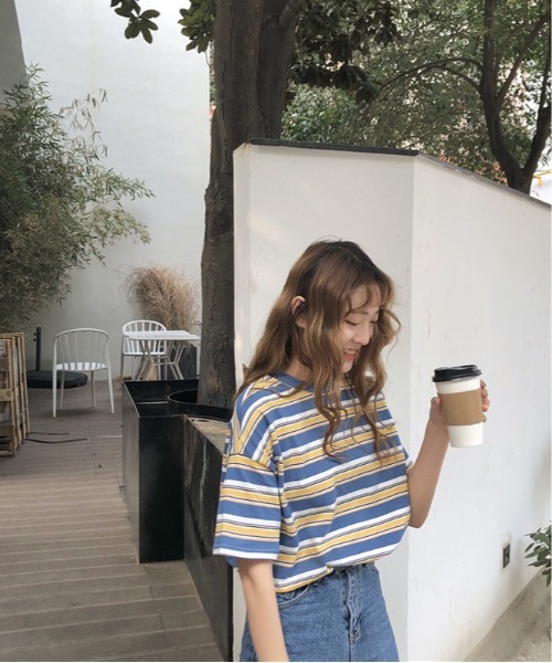 ARCADE(アーケード)の「オーバーサイズ マルチボーダー Tシャツ 半袖 【-ARCADE Limited Line-】(Tシャツ/カットソー・レディース・イエロー/ネイビー・FREE)」の8枚目の写真