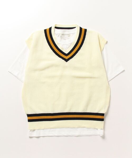 GLOSTER（グロスター）の「【Tシャツ＋ベストの2点セット】チルデンニットベスト レイヤード（ベスト・メンズ・チャコールグレー/アイボリー/ブラック・M/L/S）」の6枚目の写真