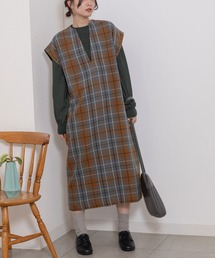 タータンチェックキーネックワンピース