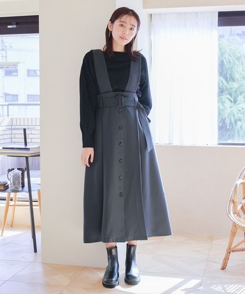 mysty woman（ミスティウーマン）の「ストラップハイウエストジャンスカ　996653（ジャンパースカート・レディース・モカ/ベージュ/ブラック・FREE）」の4枚目の写真