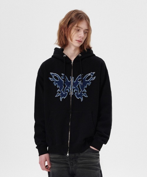 MAHAGRID（マハグリッド）の「『mahagrid/マハグリッド』BUTTERFLY APPLIQUE HOOD ZIP-UP/蝶アプリケジップパーカー（パーカー・メンズ・ブラック/グレー・L/M）」の3枚目の写真