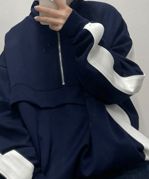 B.R.U（ブル）の「ハーフジップライン入りトレーナー / トラックジャケットプルオーバー / スウェット（スウェット・メンズ・ネイビー/ブラック/チャコールグレー/オフホワイト・FREE）」の4枚目の写真