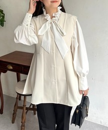 Vネックタックプリーツペプラムジレ