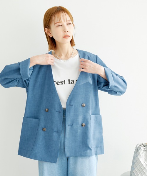 新品☆ロペピクニック☆麻調シアーノーカラージャケット接触冷感・UVカットブルー ROPE' PICNIC（ロペピクニック）の「セットアップ対応/麻調