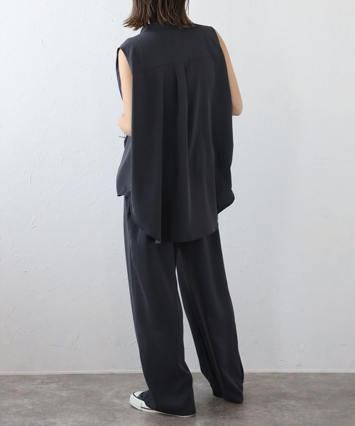 セール】マットサテンノースリブラウス×パンツセットアップ
