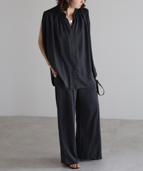 セール】マットサテンノースリブラウス×パンツセットアップ