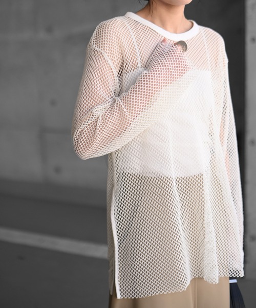 Marient（マリエント）の「メッシュオーバーTEE（Tシャツ/カットソー・レディース・アイボリー/ブラック・FREE）」の4枚目の写真