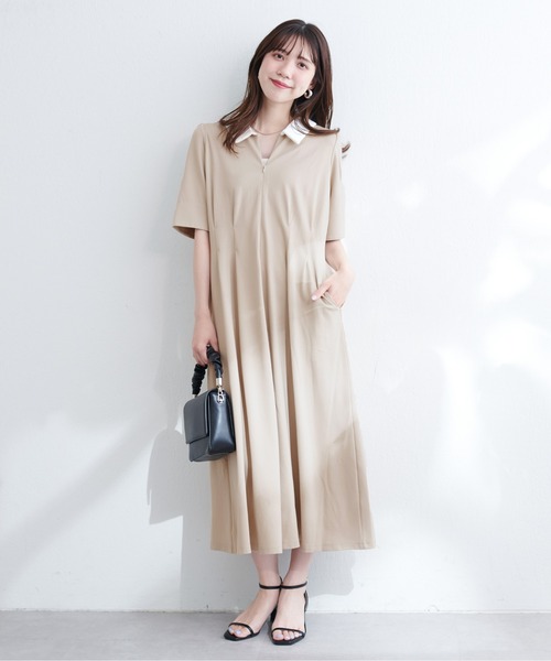 natural couture（ナチュラルクチュール）の「WEB限定 /【mamamo】配色衿5分袖カットワンピース（ワンピース・レディース・チャコールグレー/ブラック/ベージュ・FREE）」の3枚目の写真