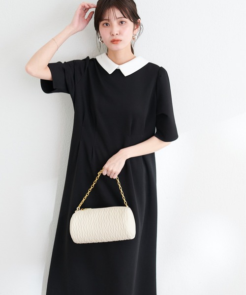 natural couture（ナチュラルクチュール）の「WEB限定 /【mamamo】配色衿5分袖カットワンピース（ワンピース・レディース・チャコールグレー/ブラック/ベージュ・FREE）」の2枚目の写真