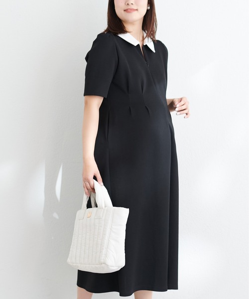 natural couture（ナチュラルクチュール）の「WEB限定 /【mamamo】配色衿5分袖カットワンピース（ワンピース・レディース・チャコールグレー/ブラック/ベージュ・FREE）」の9枚目の写真