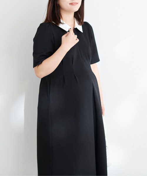 natural couture（ナチュラルクチュール）の「WEB限定 /【mamamo】配色衿5分袖カットワンピース（ワンピース・レディース・チャコールグレー/ブラック/ベージュ・FREE）」の10枚目の写真