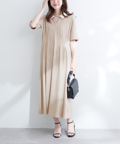natural couture（ナチュラルクチュール）の「WEB限定 /【mamamo】配色衿5分袖カットワンピース（ワンピース・レディース・チャコールグレー/ブラック/ベージュ・FREE）」の18枚目の写真