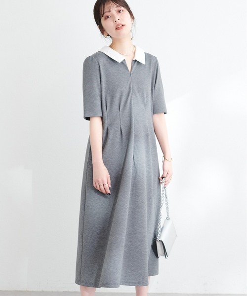 natural couture（ナチュラルクチュール）の「WEB限定 /【mamamo】配色衿5分袖カットワンピース（ワンピース・レディース・チャコールグレー/ブラック/ベージュ・FREE）」の14枚目の写真