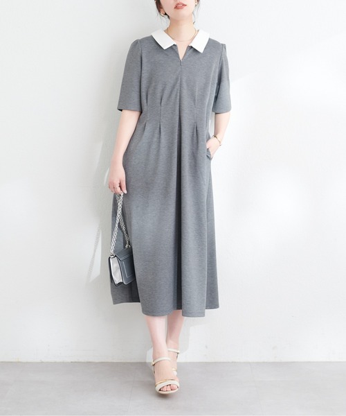 natural couture（ナチュラルクチュール）の「WEB限定 /【mamamo】配色衿5分袖カットワンピース（ワンピース・レディース・チャコールグレー/ブラック/ベージュ・FREE）」の13枚目の写真