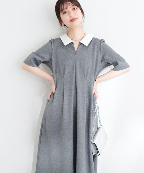 natural couture（ナチュラルクチュール）の「WEB限定 /【mamamo】配色衿5分袖カットワンピース（ワンピース・レディース・チャコールグレー/ブラック/ベージュ・FREE）」の16枚目の写真
