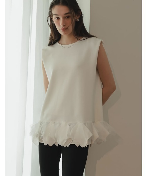 MEISM（ミズム）の「[2024 SUMMER COLLECTION][MEISM by Re:EDIT][イージーケア]レイヤードヘムショルダータックトップス（タンクトップ・レディース・ブラック/ホワイト・MEDIUM/LARGE）」の2枚目の写真