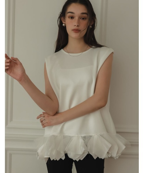 MEISM（ミズム）の「[2024 SUMMER COLLECTION][MEISM by Re:EDIT][イージーケア]レイヤードヘムショルダータックトップス（タンクトップ・レディース・ブラック/ホワイト・MEDIUM/LARGE）」の7枚目の写真