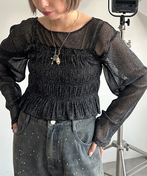 tシャツ ラメフェザービスチェ×レースTOPS SET レディース セール】ラメフェザービスチェ×レースTOPS SET（Tシャツ