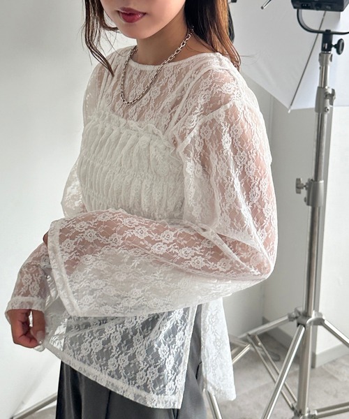 tシャツ ラメフェザービスチェ×レースTOPS SET レディース セール】ラメフェザービスチェ×レースTOPS SET（Tシャツ