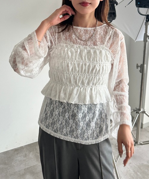 tシャツ ラメフェザービスチェ×レースTOPS SET レディース セール】ラメフェザービスチェ×レースTOPS SET（Tシャツ