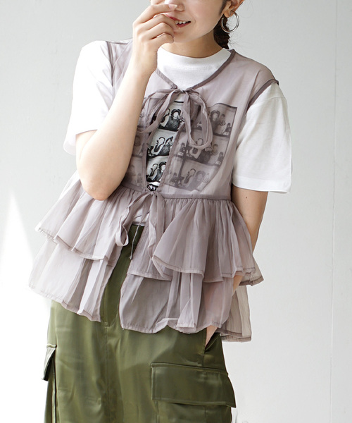 e-zakkamania stores(イーザッカマニアストアーズ)の「オーガンジー リボンブラウス(シャツ/ブラウス・レディース・ライトグレー/ブラック・M)」の1枚目の写真