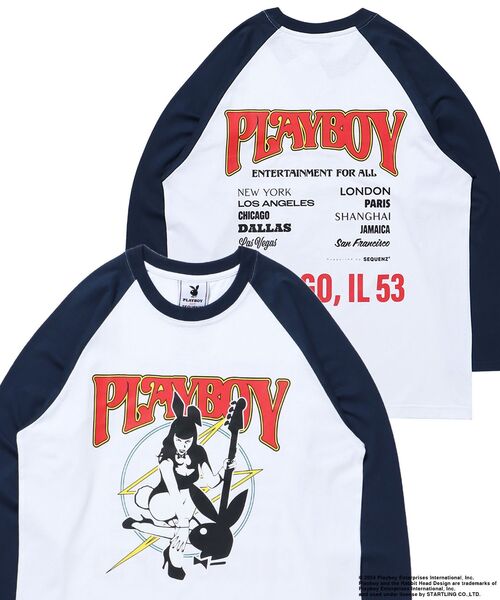 PLAYBOY(プレイボーイ)の「【SEQUENZ(シークエンズ)】PB BAND RAGLAN L/S LEE / プレイボーイ ラグラン 長袖 ロンT バンT(Tシャツ/カットソー・メンズ・ブラック/ホワイト/ネイビー・MEDIUM/LARGE/X-LARGE)」の1枚目の写真
