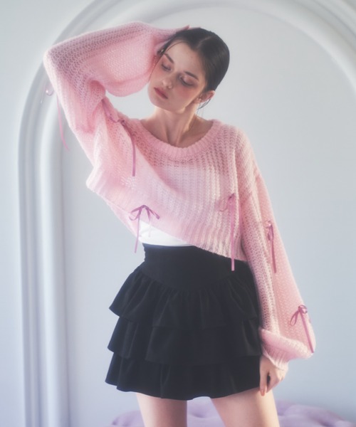 LIZLISA バックリボン ピンク トップス ニット ラメ かぎ編み