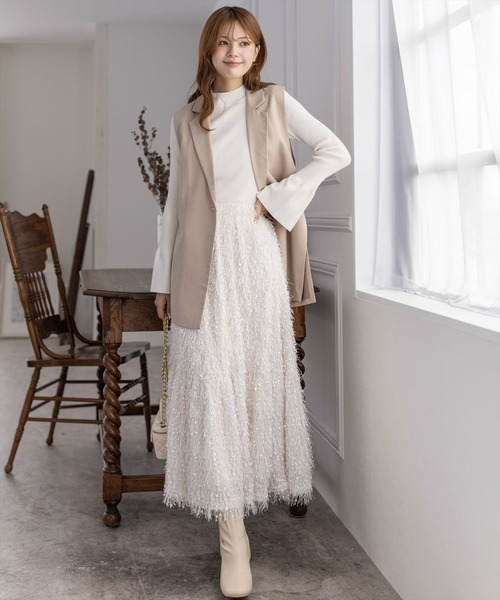 clear（クリア）の「【低身長用サイズ有】フリンジフレアスカート [高見え 大人カジュアル オケージョン]≪再入荷≫（スカート・レディース・アイボリー/グレイッシュベージュ/ピンクベージュ・F/XS）」の7枚目の写真