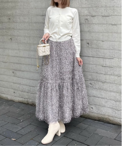 clear（クリア）の「【低身長用サイズ有】フリンジフレアスカート [高見え 大人カジュアル オケージョン]≪再入荷≫（スカート・レディース・アイボリー/グレイッシュベージュ/ピンクベージュ・F/XS）」の5枚目の写真