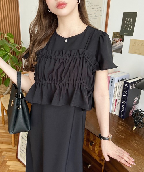 moment+（モーメントプラス）の「半袖ビスチェ付きワンピース（ワンピース・レディース・ブラック/ブラック系その他/チャコールグレー/ホワイト系その他・M/L）」の5枚目の写真