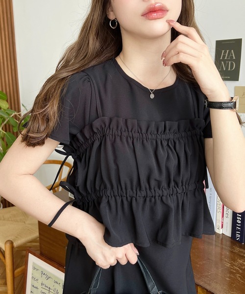 moment+（モーメントプラス）の「半袖ビスチェ付きワンピース（ワンピース・レディース・ブラック/ブラック系その他/チャコールグレー/ホワイト系その他・M/L）」の7枚目の写真