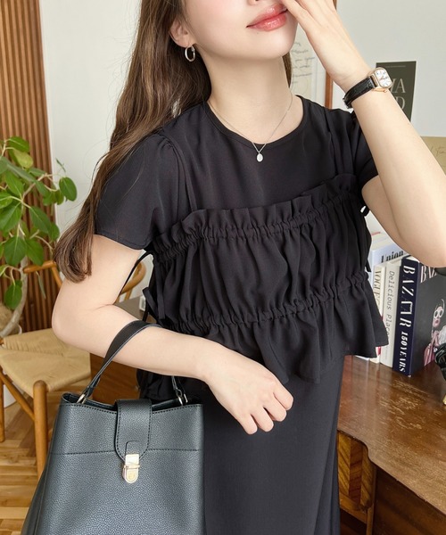 moment+（モーメントプラス）の「半袖ビスチェ付きワンピース（ワンピース・レディース・ブラック/ブラック系その他/チャコールグレー/ホワイト系その他・M/L）」の9枚目の写真