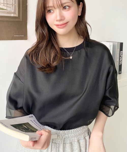 バッグタグオーガンジーレイヤード半袖Tシャツ（Tシャツ
