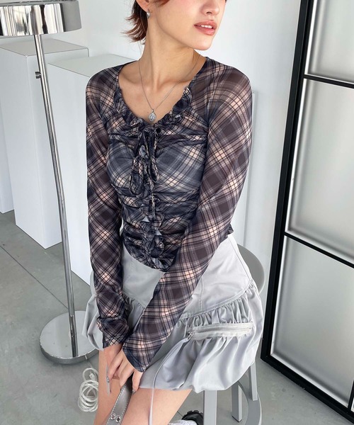 SPIRALGIRL(スパイラルガール)の「チェックシアートップス(Tシャツ/カットソー・レディース・ネイビー系/オレンジ系・FREE)」の5枚目の写真