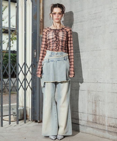 SPIRALGIRL(スパイラルガール)の「チェックシアートップス(Tシャツ/カットソー・レディース・ネイビー系/オレンジ系・FREE)」の4枚目の写真