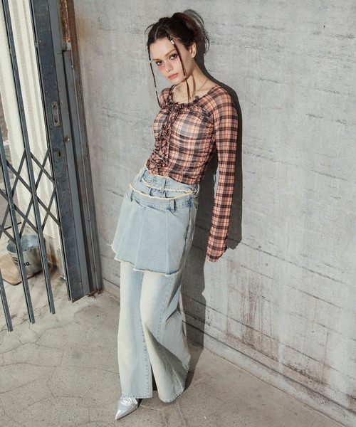 SPIRALGIRL(スパイラルガール)の「チェックシアートップス(Tシャツ/カットソー・レディース・ネイビー系/オレンジ系・FREE)」の3枚目の写真