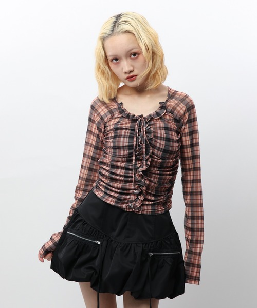 SPIRALGIRL(スパイラルガール)の「チェックシアートップス(Tシャツ/カットソー・レディース・ネイビー系/オレンジ系・FREE)」の18枚目の写真