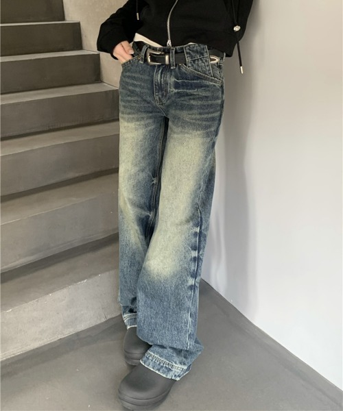 by muni:r(バイ ムニール)の「ビンテージカットワイドデニムパンツ(デニムパンツ・レディース・ブルー・SMALL/MEDIUM)」の3枚目の写真