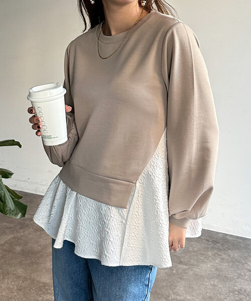 Chez toi(シェトワ)の「異素材ペプラムプルオーバー(Tシャツ/カットソー・レディース・グレー/ネイビー/ベージュ・FREE)」の1枚目の写真