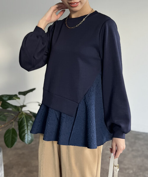 Chez toi(シェトワ)の「異素材ペプラムプルオーバー(Tシャツ/カットソー・レディース・グレー/ネイビー/ベージュ・FREE)」の9枚目の写真