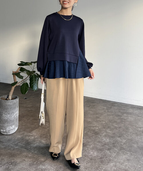 Chez toi(シェトワ)の「異素材ペプラムプルオーバー(Tシャツ/カットソー・レディース・グレー/ネイビー/ベージュ・FREE)」の4枚目の写真