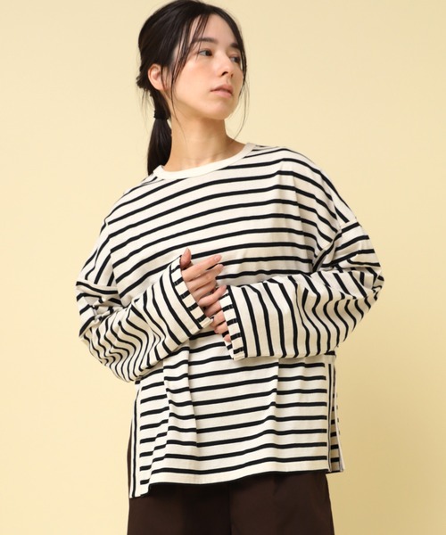 RNA-N(アールエヌエーエヌ)の「M2432 コットンボーダービッグロンT(Tシャツ/カットソー・レディース・ブラック系その他/ブラック×ホワイト/ベージュ系その他/ホワイト×イエロー・FREE)」の3枚目の写真