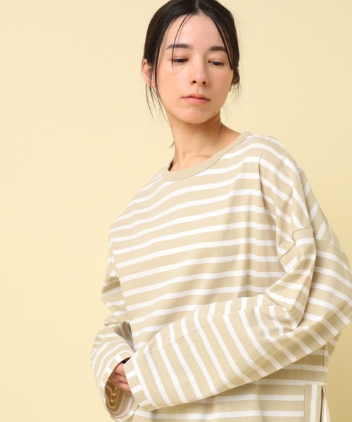 tシャツ M2432 コットンボーダービッグロンＴ レディース M2432 コットンボーダービッグロンT(F クロ/ジンジャー