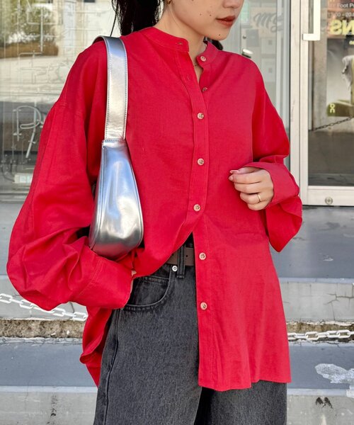 CIAOPANIC TYPY（チャオパニックティピー）の「【冷房・日焼け対策/ロングセラー】リネンレーヨンバンドカラーシャツ（シャツ/ブラウス・レディース・ピンク/カーキ/ベージュ/イエロー/ネイビー/チャコールグレー/ホワイト/レッド・ONE SIZE）」の8枚目の写真