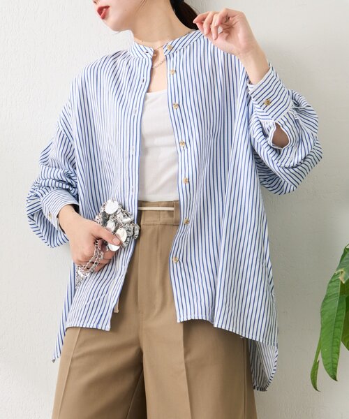 CIAOPANIC TYPY（チャオパニックティピー）の「【冷房・日焼け対策/ロングセラー】リネンレーヨンバンドカラーシャツ（シャツ/ブラウス・レディース・ピンク/カーキ/ベージュ/イエロー/ネイビー/チャコールグレー/ホワイト/レッド・ONE SIZE）」の14枚目の写真