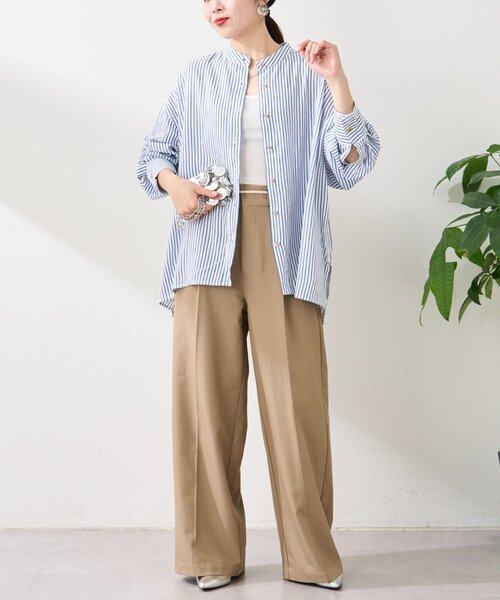 CIAOPANIC TYPY（チャオパニックティピー）の「【冷房・日焼け対策/ロングセラー】リネンレーヨンバンドカラーシャツ（シャツ/ブラウス・レディース・ピンク/カーキ/ベージュ/イエロー/ネイビー/チャコールグレー/ホワイト/レッド・ONE SIZE）」の18枚目の写真