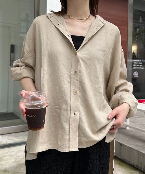 CIAOPANIC TYPY（チャオパニックティピー）の「【冷房・日焼け対策/ロングセラー】リネンレーヨンバンドカラーシャツ（シャツ/ブラウス・レディース・ピンク/カーキ/ベージュ/イエロー/ネイビー/チャコールグレー/ホワイト/レッド・ONE SIZE）」の3枚目の写真