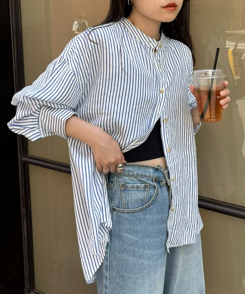 CIAOPANIC TYPY（チャオパニックティピー）の「【冷房・日焼け対策/ロングセラー】リネンレーヨンバンドカラーシャツ（シャツ/ブラウス・レディース・ピンク/カーキ/ベージュ/イエロー/ネイビー/チャコールグレー/ホワイト/レッド・ONE SIZE）」の5枚目の写真