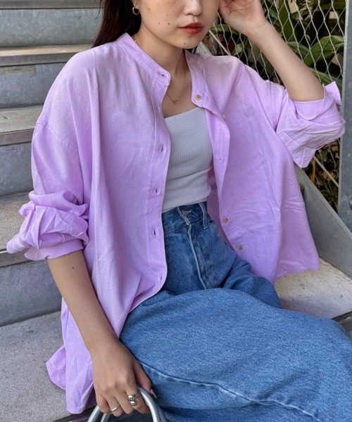 CIAOPANIC TYPY（チャオパニックティピー）の「【冷房・日焼け対策/ロングセラー】リネンレーヨンバンドカラーシャツ（シャツ/ブラウス・レディース・ピンク/カーキ/ベージュ/イエロー/ネイビー/チャコールグレー/ホワイト/レッド・ONE SIZE）」の7枚目の写真