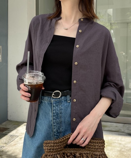 CIAOPANIC TYPY（チャオパニックティピー）の「【冷房・日焼け対策/ロングセラー】リネンレーヨンバンドカラーシャツ（シャツ/ブラウス・レディース・ピンク/カーキ/ベージュ/イエロー/ネイビー/チャコールグレー/ホワイト/レッド・ONE SIZE）」の2枚目の写真